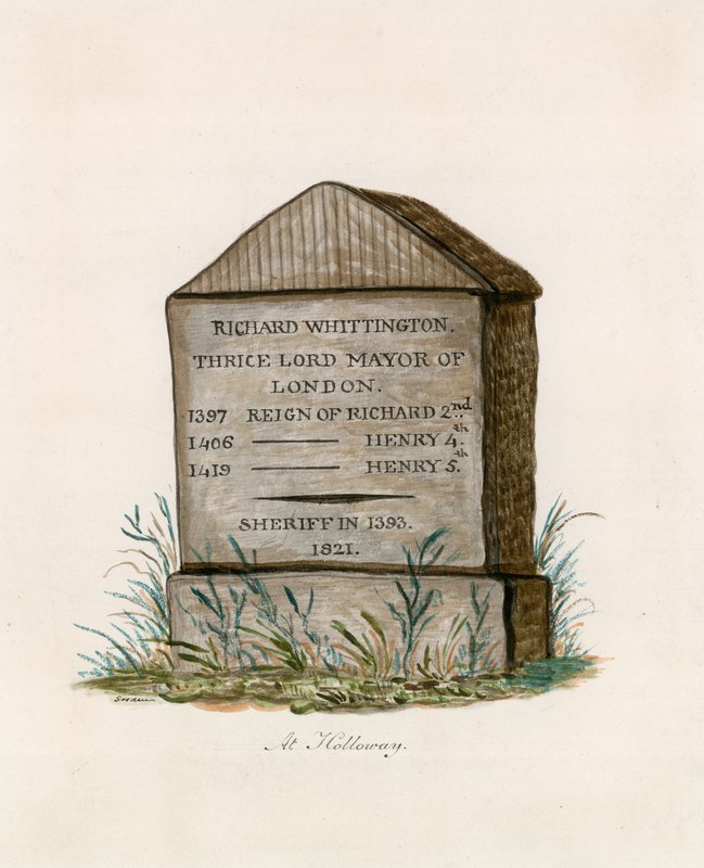 Highgate Hill, Whittington Stone (wc na papierze) autorstwa English School