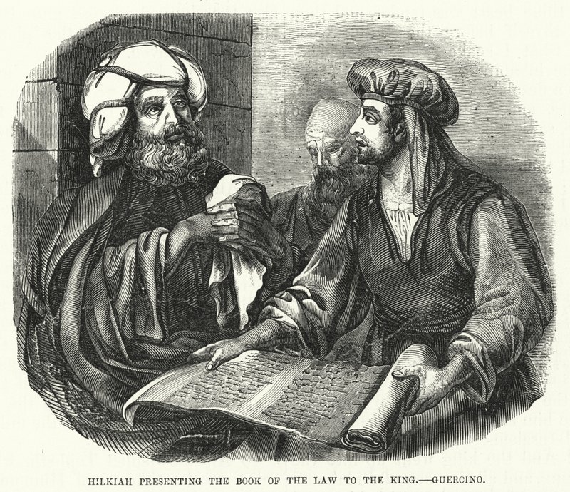 Chilkiasz przedstawiający królowi Księgę Prawa, Guercino (rycina) autorstwa English School