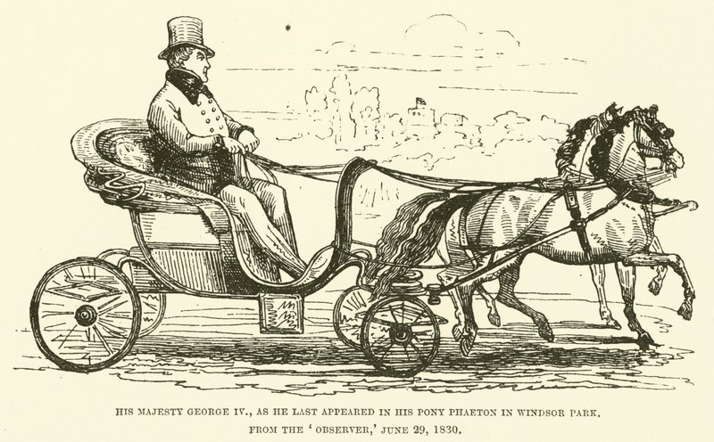 Jego Królewska Mość Jerzy IV, kiedy po raz ostatni pojawił się na swoim kucyku Faeton w Windsor Park, z „Obserwatora”, 29 czerwca 1830 (rycina) autorstwa English School