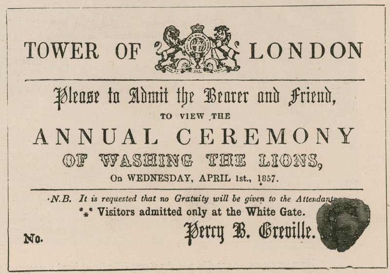 Bilet wstępu na mistyfikację na uroczystość obmycia lwów w Tower of London autorstwa English School