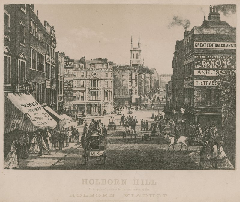 Holborn Hill, jak wygląda przed budową wiaduktu Holborn autorstwa English School