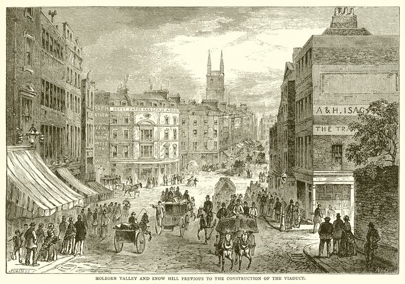 Holborn Valley i Snow Hill przed budową wiaduktu autorstwa English School