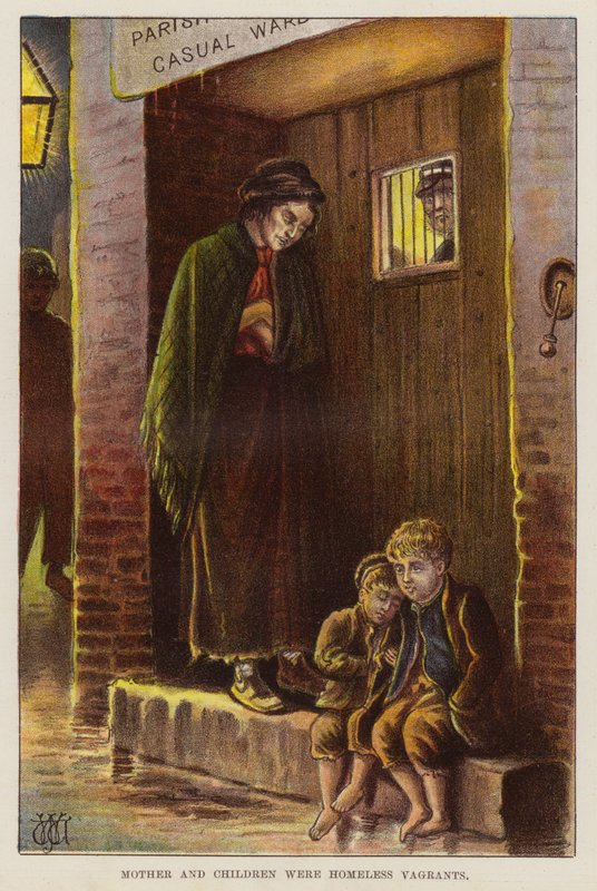 Bezdomna matka i dzieci w wiktoriańskiej Wielkiej Brytanii (chromolitho) autorstwa English School