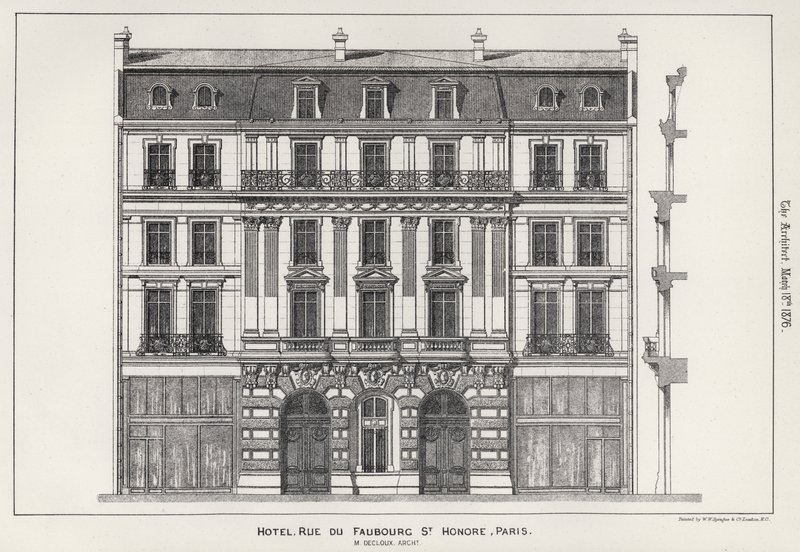 Hotel, Rue Du Faubourg St Honore, Paryż (grawerowanie) autorstwa English School