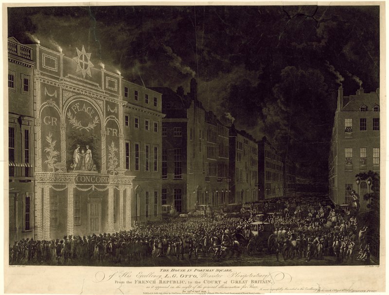 Dom przy Portman Square ambasadora Francji, oświetlony na cześć pokoju, 29 kwietnia 1802 r. autorstwa English School