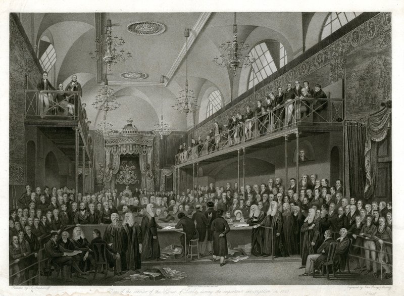 Izba Lordów podczas ważnego śledztwa w 1820 r autorstwa English School