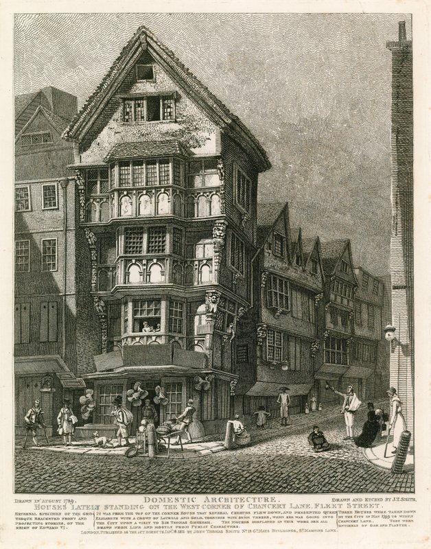 Domy stojące ostatnio na zachodnim rogu Chancery Lane, Fleet Street w Londynie autorstwa English School
