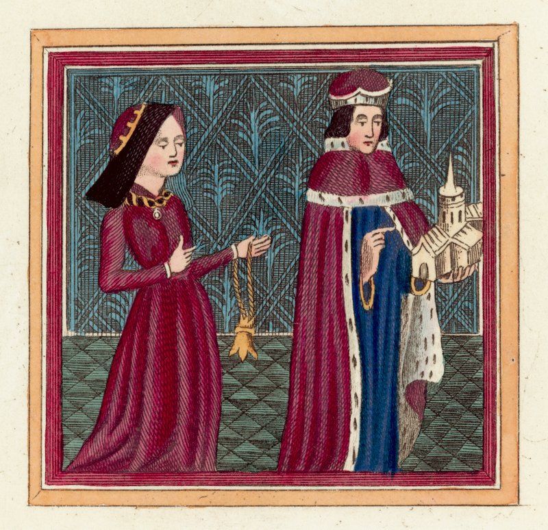 Humphrey Duke of Gloucester i jego druga żona Eleanor Cobham (kolorowy grawerunek) autorstwa English School