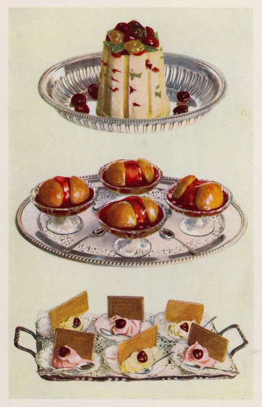 Pudding lodowy; Peches Melba; Lody śmietankowe (litografia kolorowa) autorstwa English School