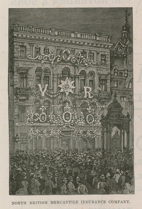 Iluminacje zdobiące biura North British Mercantile Insurance Company autorstwa English School