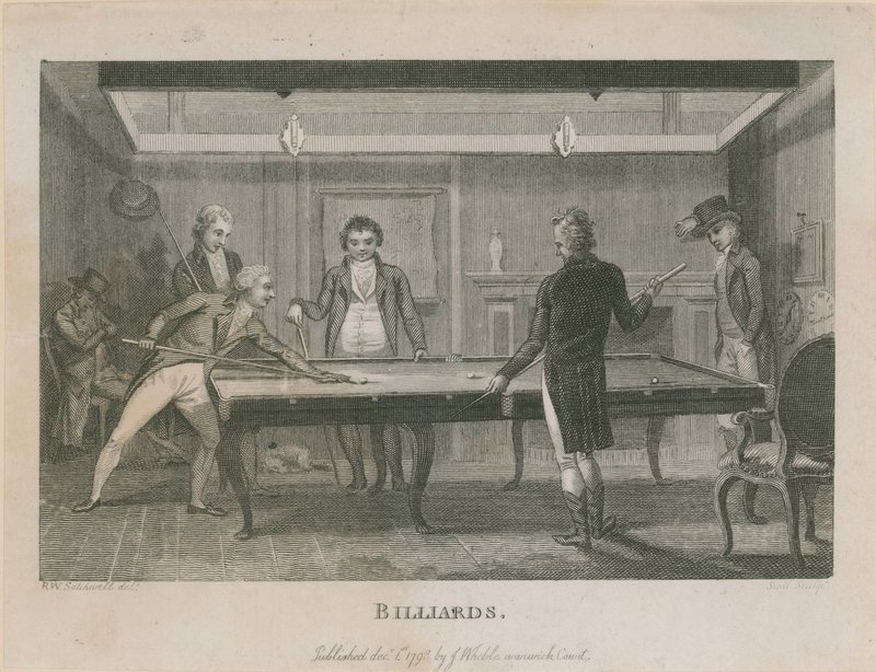 Ilustracja przedstawiająca grupę mężczyzn grających w bilard autorstwa English School