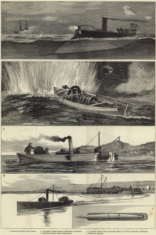 Ilustracje wojny torpedowej autorstwa English School