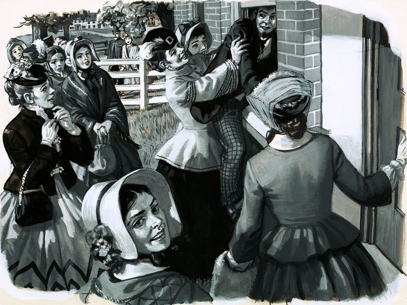 W 1848 roku Elizabeth Cady Stanton zorganizowała spotkanie sufrażystek w Nowym Jorku (gwasz na papierze) autorstwa English School