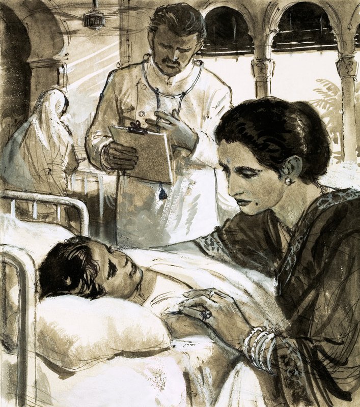 Indira Gandhi czuwająca nad dzieckiem w szpitalu autorstwa English School
