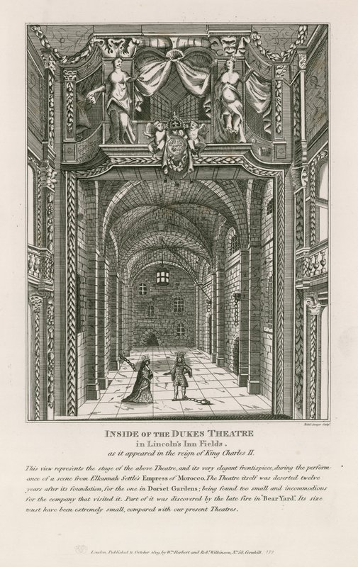 Wewnątrz Dukes Theatre w Lincolns Inn Fields, jak wyglądał za panowania króla Karola II autorstwa English School