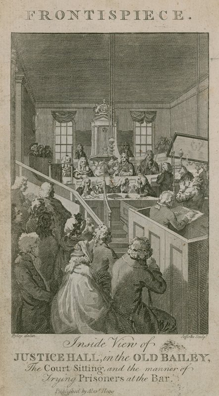 Widok od środka Justice Hall w Old Bailey, posiedzenie sądu i sposób sądzenia więźniów w Bar autorstwa English School