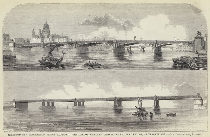 Planowany nowy most Blackfriars Bridge, Londyn, London, Chatham i Dover Railway Bridge, w Blackfriars (grawerowanie) autorstwa English School