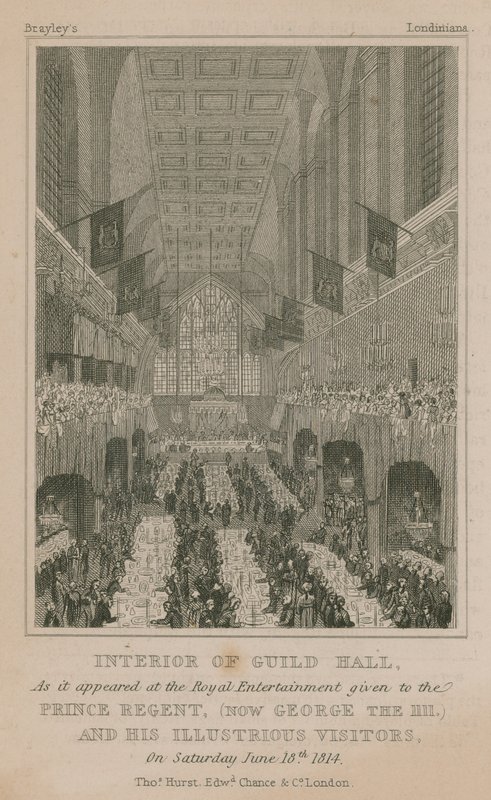 Wnętrze Guildhall w Londynie, tak jak wyglądało w Royal Entertainment podarowanym księciu Regent autorstwa English School