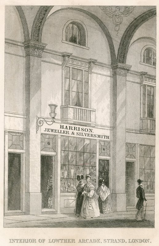 Wnętrze Lowther Arcade, Strand, Londyn, z Harrisonem, jubilerem i złotnikiem autorstwa English School