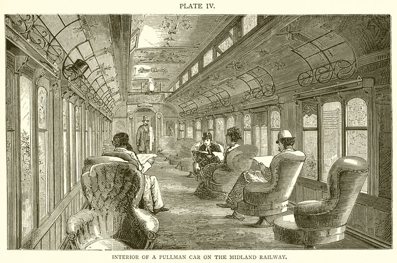 Wnętrze samochodu Pullman na linii Midland Railway autorstwa English School