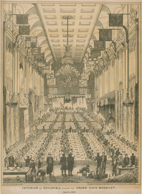 Wnętrze Ratusza podczas wielkiej uczty obywatelskiej, 9 listopada 1837 r. autorstwa English School