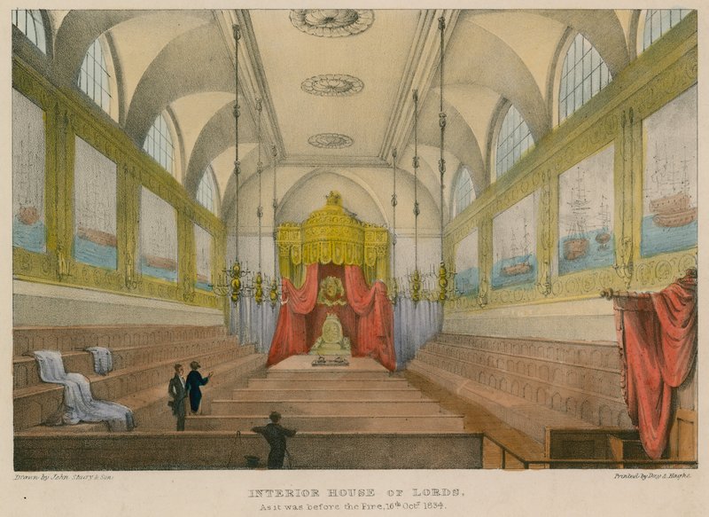 Wnętrze Izby Lordów w stanie sprzed pożaru, 16 października 1834 r. autorstwa English School