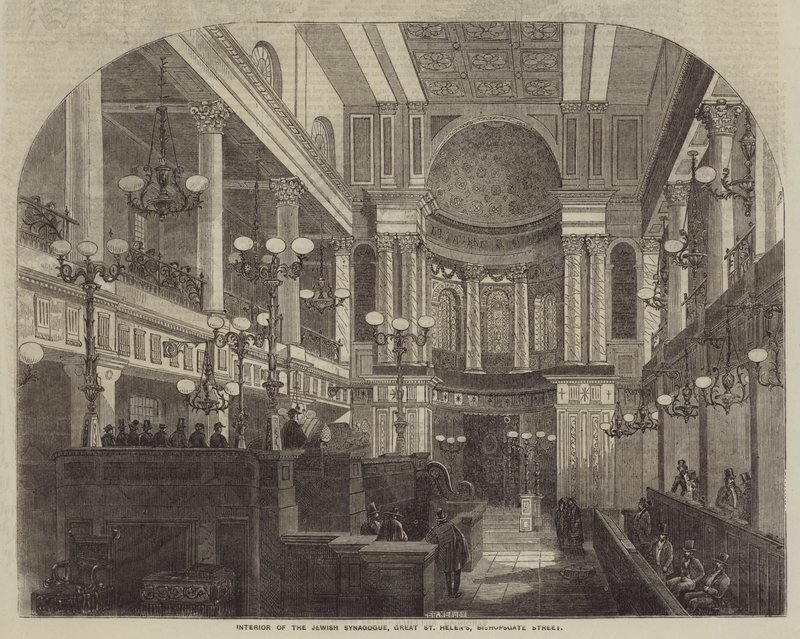 Wnętrze Synagogi Żydowskiej, Wielka Św. Heleny, ul. Bishopsgate (rycina) autorstwa English School