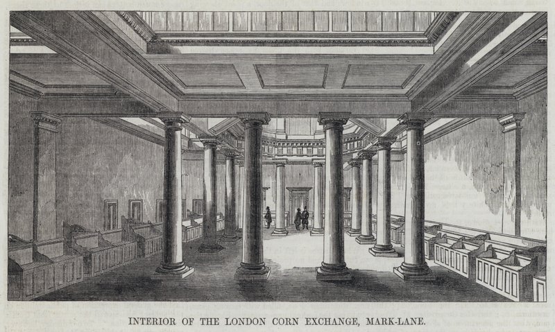 Wnętrze londyńskiej giełdy kukurydzy, Mark-Lane (grawerunek) autorstwa English School