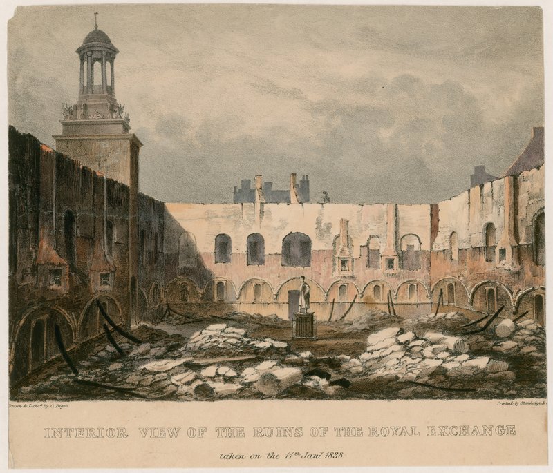 Widok wnętrza ruin Royal Exchange w Londynie, wykonany 11 stycznia 1838 r. autorstwa English School