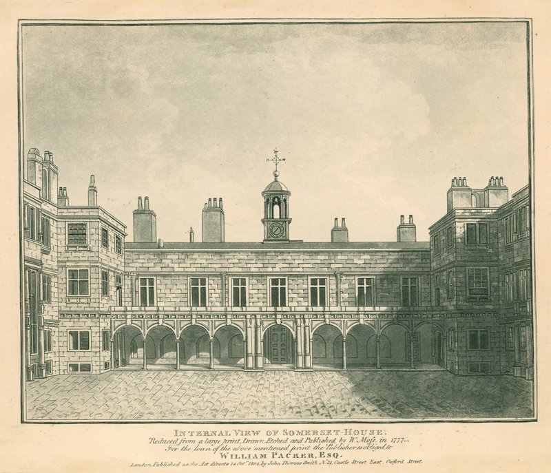 Widok wewnętrzny Somerset House, The Strand, Londyn; na podstawie ryciny narysowanej przez W Mossa w 1777 r. autorstwa English School