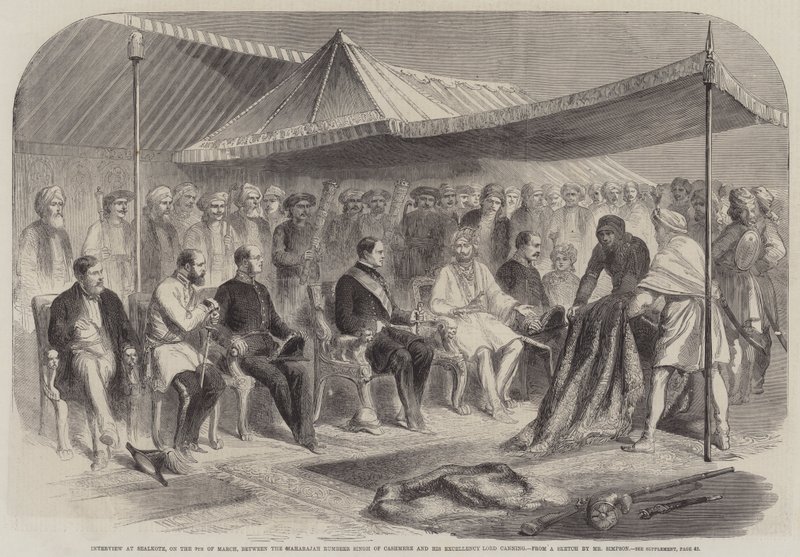 Wywiad w Sealkote, 9 marca, pomiędzy Maharajah Rumbeer Singh of Cashmere a Jego Ekscelencją Lordem Canningiem (grawerowanie) autorstwa English School