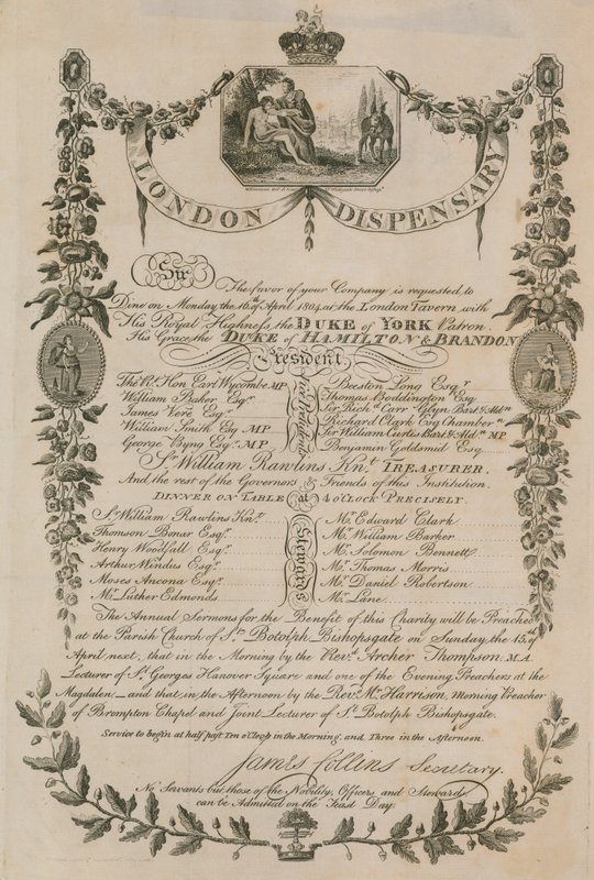 Zaproszenie na kolację wydaną przez London Dispensary w London Tavern, 16 kwietnia 1804 r autorstwa English School