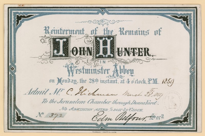Zaproszenie do ponownego pochówku szczątków Johna Huntera w Opactwie Westminsterskim, Londyn, 28 marca 1859 r. autorstwa English School
