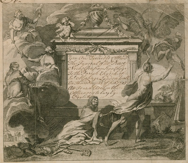Zaproszenie na pogrzeb pana Nicholsona w St Alphage, London Wall, w 1753 r. autorstwa English School