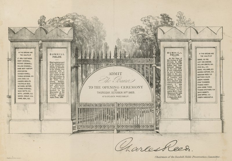 Zaproszenie na otwarcie cmentarza Bunhill Fields autorstwa English School