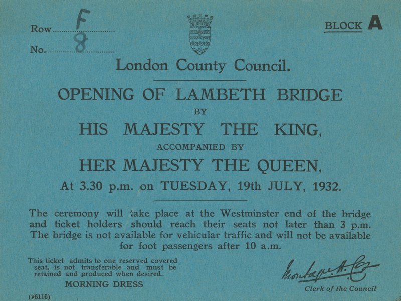 Zaproszenie na otwarcie Lambeth Bridge autorstwa English School