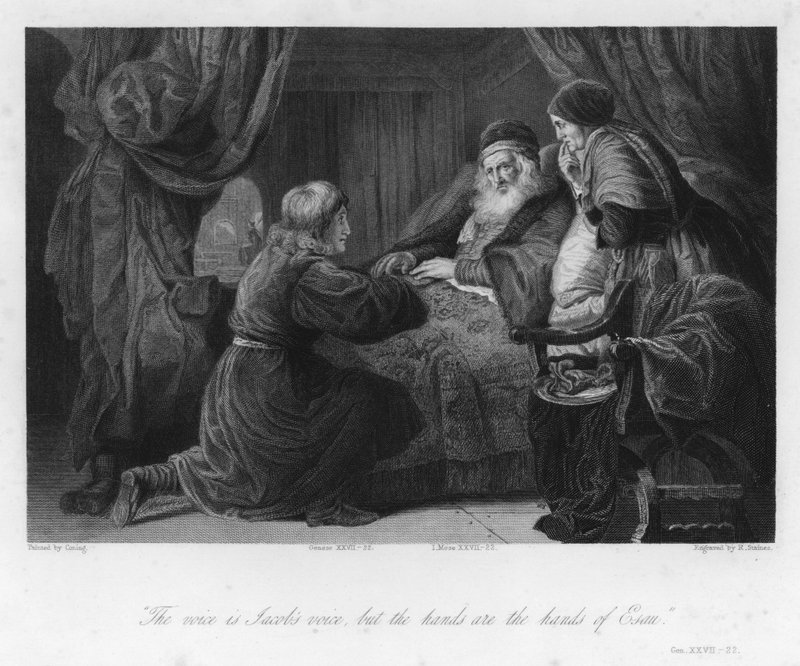 Izaak błogosławi Jakuba, Księga Rodzaju XXVII, 22 (rycina) autorstwa English School