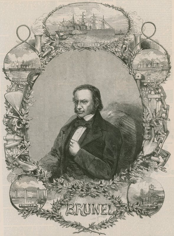 Isambard Kingdom Brunel otoczony niektórymi ze swoich osiągnięć autorstwa English School