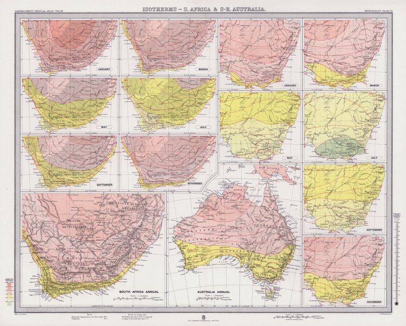 Izotermy, Afryka Południowa i Australia Południowo-Wschodnia (litografia kolorowa) autorstwa English School