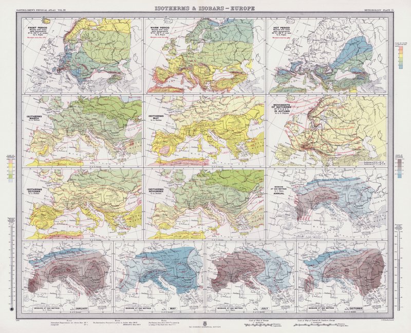 Izotermy i izobary, Europa (litografia kolorowa) autorstwa English School