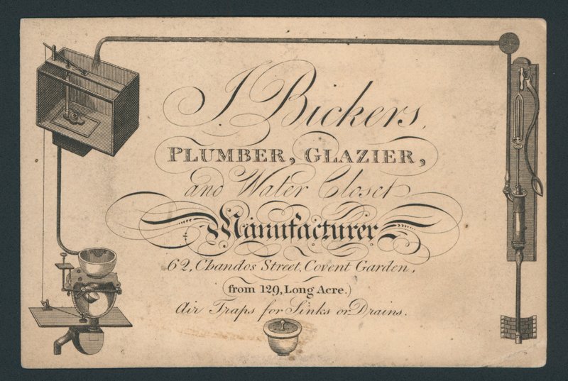 J Bickers, hydraulik, szklarz i producent klozetów, 62 Chandos Street, Covent Garden, karta handlowa autorstwa English School