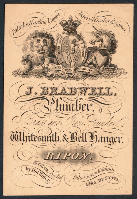 J Bradwell, plumber, brass and iron founder, whitesmith and bell hanger, trade card  autorstwa English School
