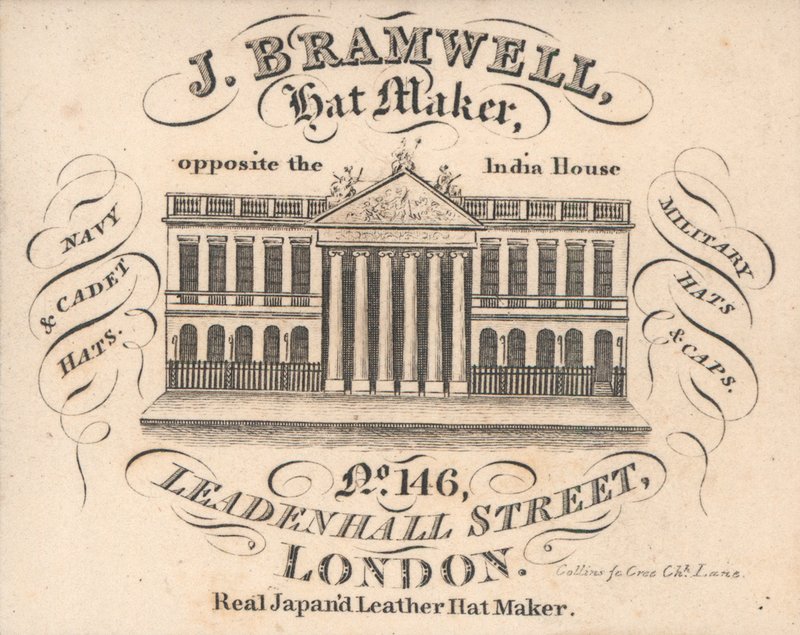 J Branwell, kapelusznik, 146 Leadenhall Street, karta handlowa autorstwa English School