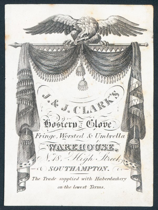 J & J Clarks, wyroby pończosznicze, rękawiczki, frędzle, magazyn czesankowy i parasolowy, karta handlowa autorstwa English School