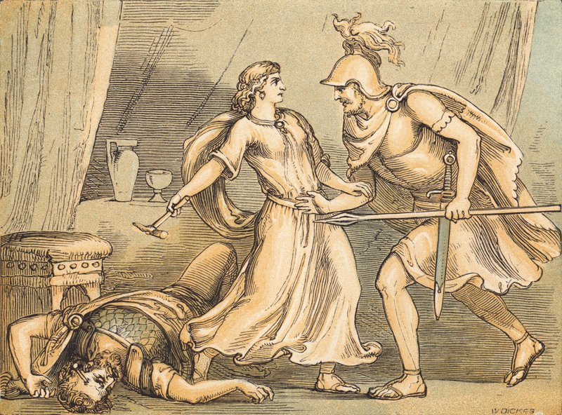 Jael i Sisera (kolorowy grawerunek) autorstwa English School