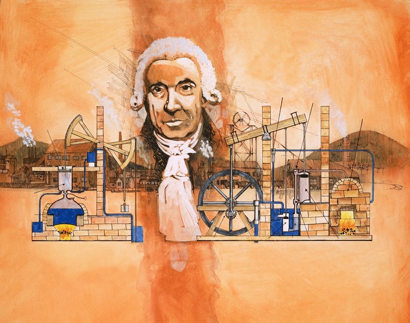James Watt z piecami i pompami mechanicznymi w tle autorstwa English School