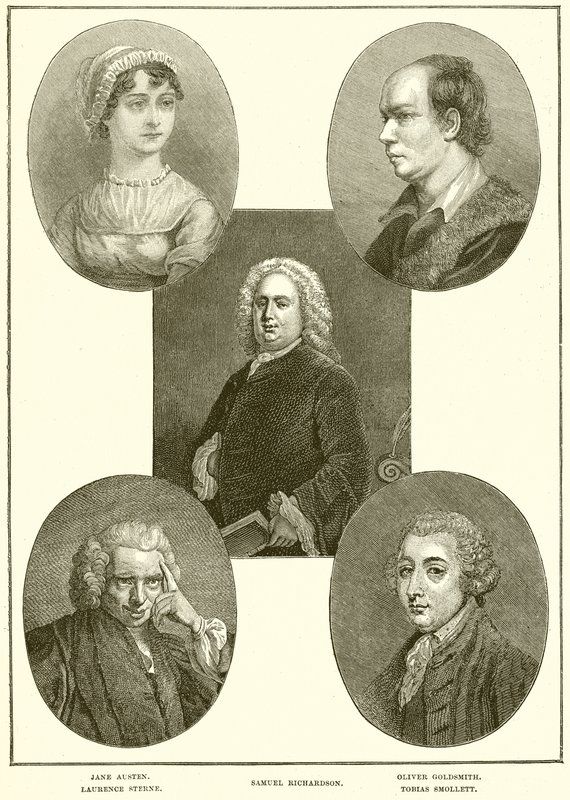 Jane Austen, Laurence Stern, Samuel Richardson, Oliver Goldsmith, Tobias Smollett autorstwa English School