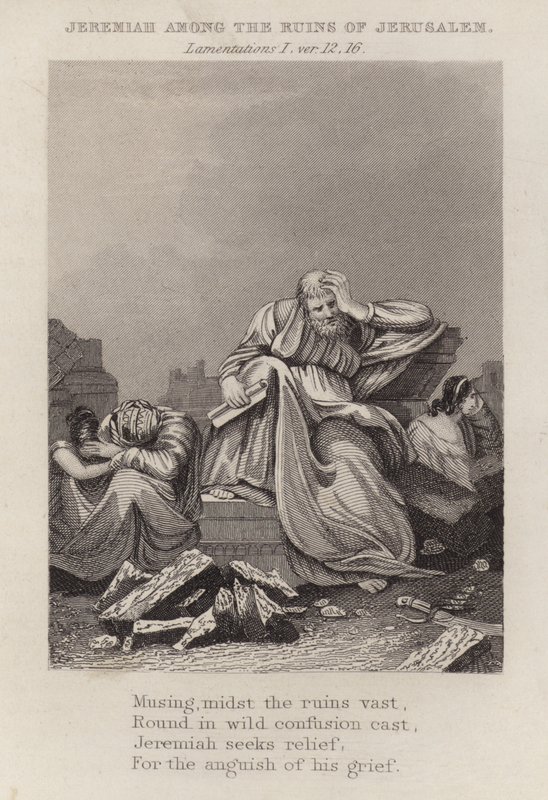 Jeremiasz wśród ruin Jerozolimy, Lamentacje I, wer. 12 autorstwa English School