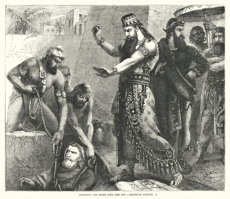 Jeremiasz spuszczony do dołu, Jeremiasz XXXVIII, 6 (rycina) autorstwa English School