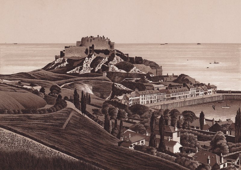 Jersey, Wyspy Chanel: Zamek Mount Orgueil i port Gorey (litografia) autorstwa English School
